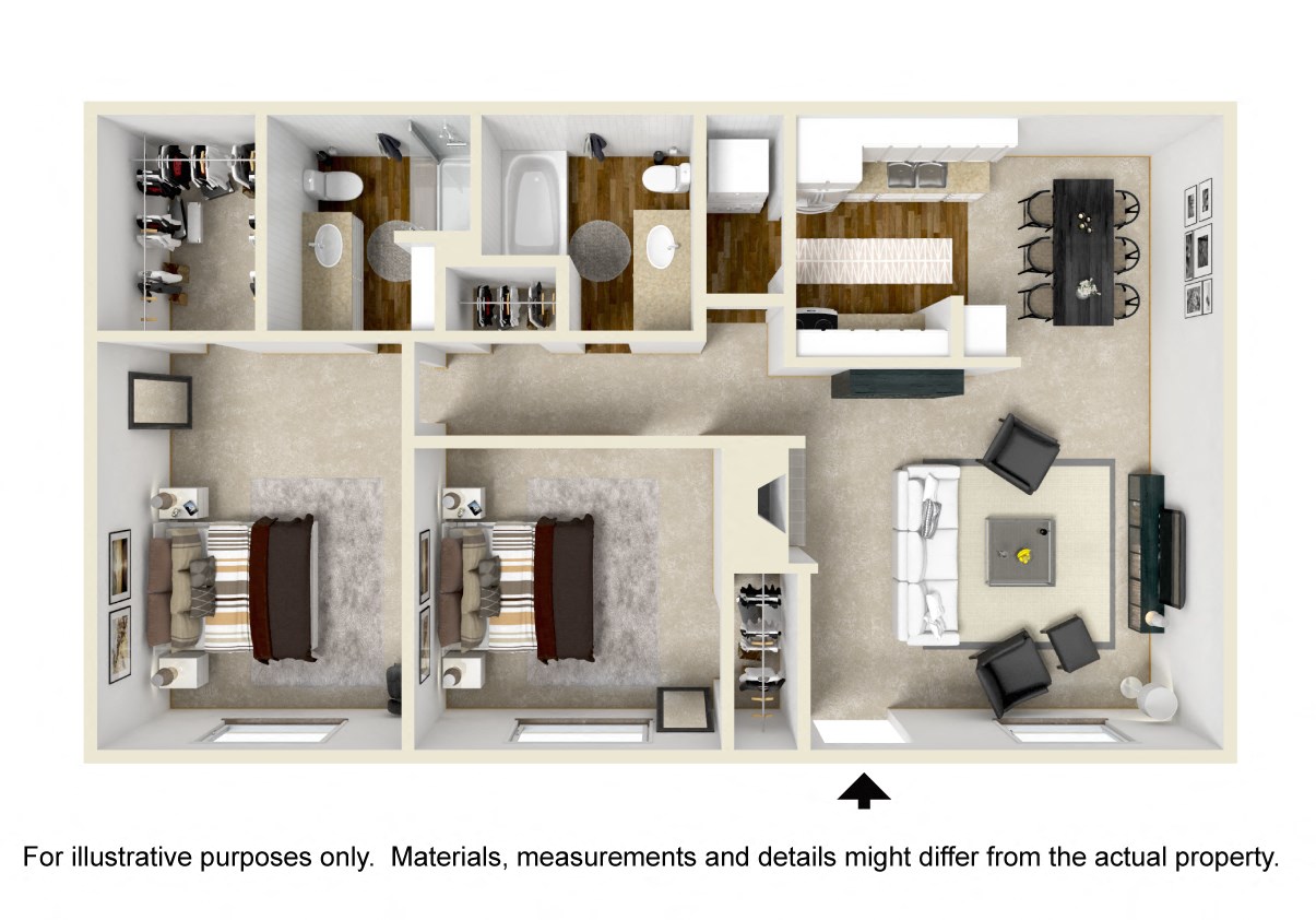 Floor plan for 2 beds, 2 baths, 950 sqft
